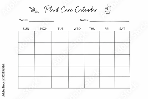 Blank plant care calendar for organizing gardening tasks and notes