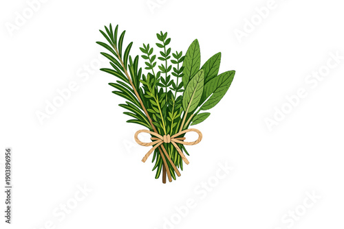 Illustrated bundle of fresh green herbs against soft green background