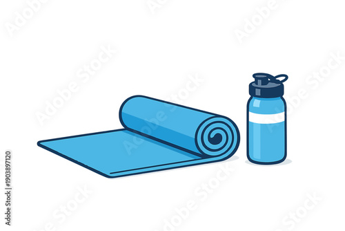 Yoga mat and water bottle in blue minimalist design on dark background
