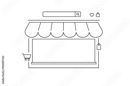 Minimalist online shopping icon with search and cart elements