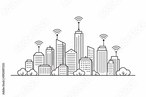 Smart city skyline with wireless connectivity icons in minimalist line art