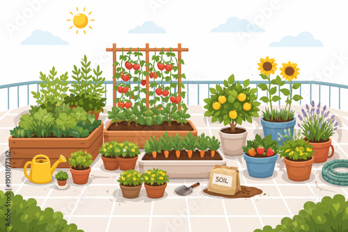 Vibrant balcony garden with vegetables flowers and gardening tools in sunlight