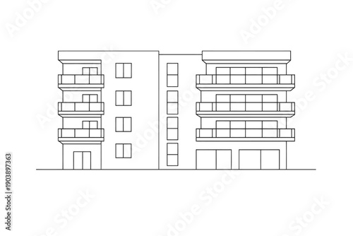 Modern four-story apartment building blueprint with balconies on dark background