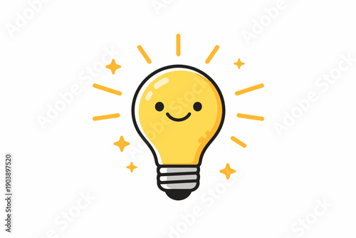 Cute smiling light bulb icon with radiating sparks on white background