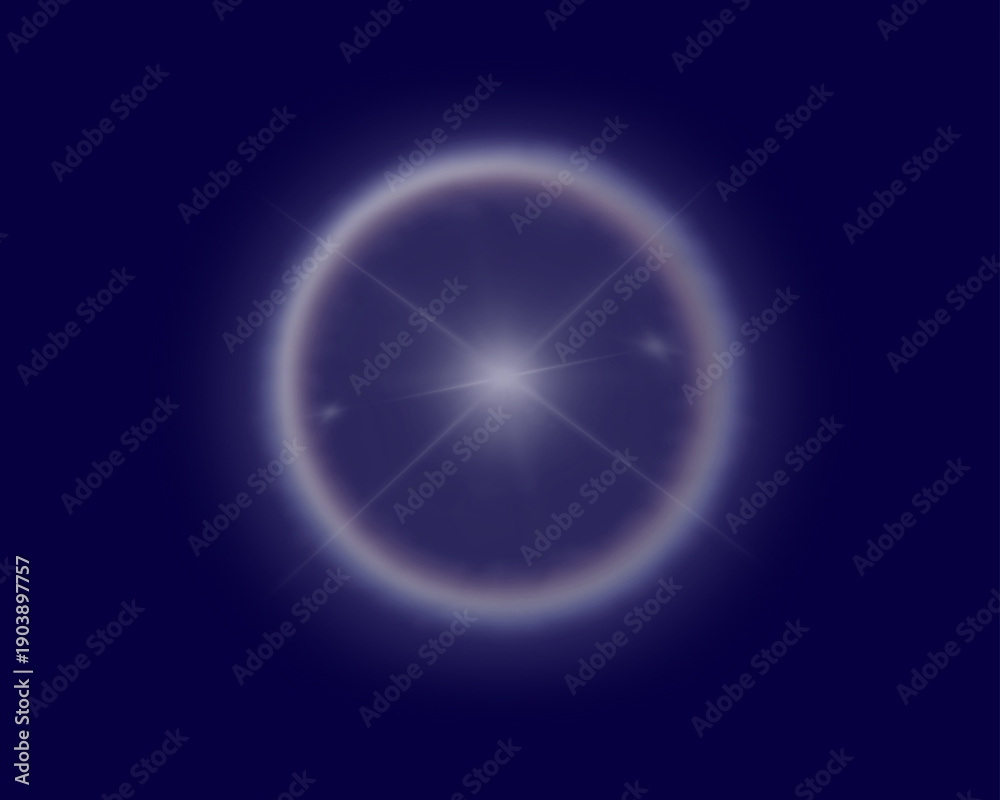 Obraz premium Light ring, atmospheric optical phenomenon halo from the sun or moon isolated on a dark blue background. Vector illustration.