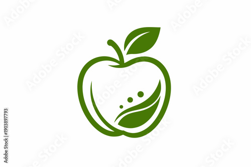 Green apple icon with leaf and organic design elements on white background