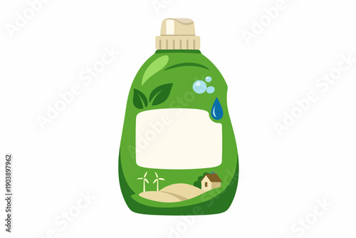 Eco-friendly green detergent bottle with leaf and windmill design on white background