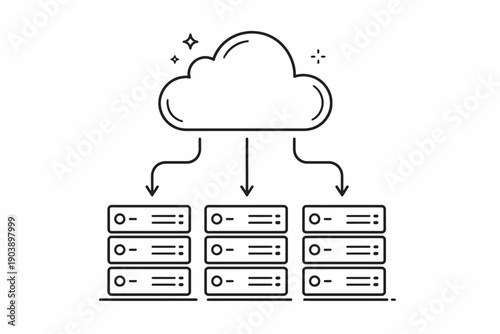 Cloud computing illustration with network servers and data arrows