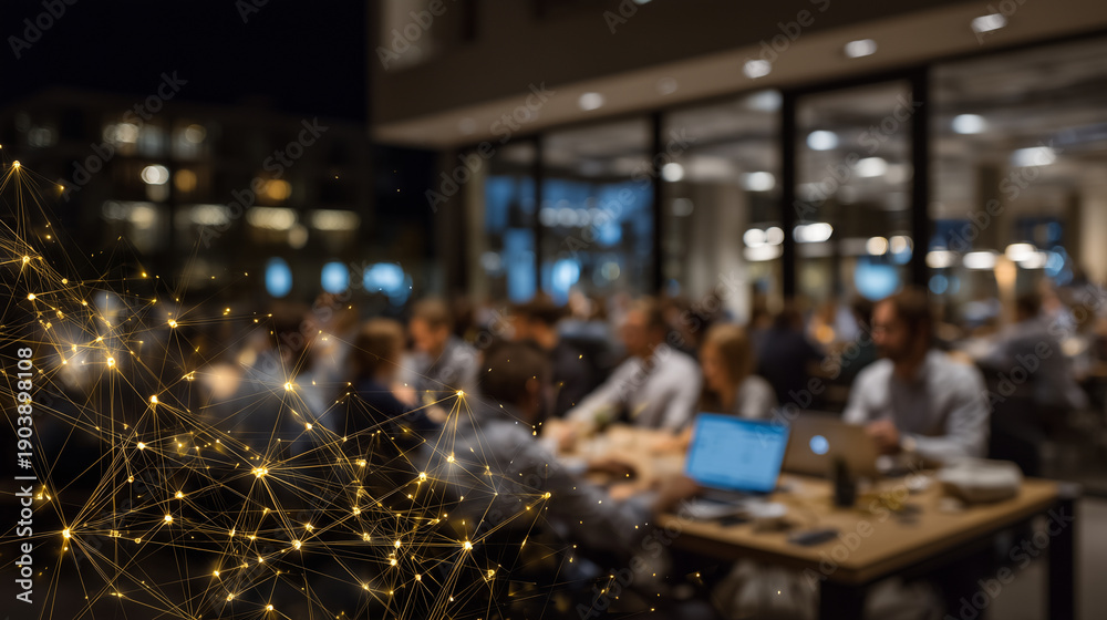 Obraz premium Connectioneering in a modern coworking space, diverse individuals exchanging ideas across long tables, subtle lines of light symbolizing invisible networks of collaboration and cre