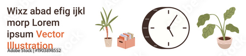 Workplace design, time management, organization, productivity, decor, minimalism. A clock, potted plants and file organizer on a clean background. Workplace design and time management concepts
