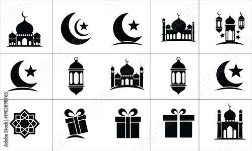 Islamic Religious Symbols Icon Set for Ramadan Kareem and Eid Mubarak Celebration
