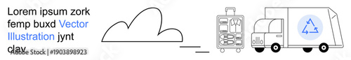 Sustainable transport, waste management, eco-friendly logistics, trip planning, recycling, environmental awareness. Recycling truck and cloud with travel bag. Sustainable transport and waste