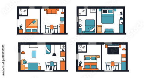 Studio Apartment line art vector set