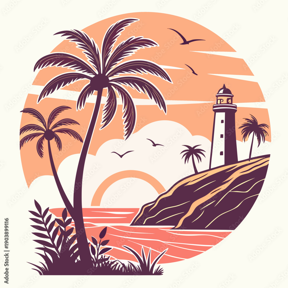 Obraz premium A pixel art illustration of a tropical island with a lighthouse Vector