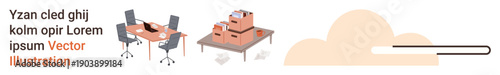 Workplace organization, remote work, project storage, business shipping, minimal workspace, delivery. Desk with chairs, boxes on table loading bar cloud element. Workplace organization and remote