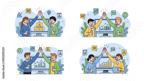 Digital Teamwork High-Five Celebration Vector Set for Online Collaboration
