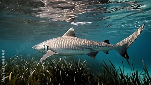 A tiger shark swims above green seagrass in clear water.