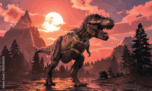 Tyrannosaurus rex illustration, prehistoric dinosaur landscape at sunset vector artwork for fantasy, adventure, wildlife, poster and design projects