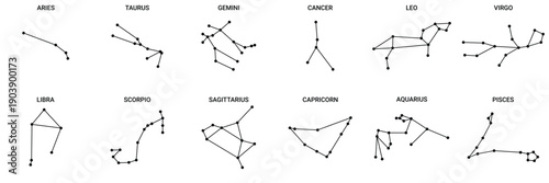 Zodiac Constellations Vector Set: Aries, Taurus, Gemini, Cancer, Leo, Virgo, Libra, Scorpio, Sagittarius, Capricorn, Aquarius, Pisces Star Map Symbols for Astrology
