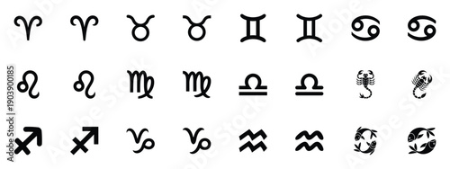 Zodiac Signs Vector Icon Set: Aries, Taurus, Gemini, Cancer, Leo, Virgo, Libra, Scorpio, Sagittarius, Capricorn, Aquarius, Pisces Astrology Symbols for Horoscope Design