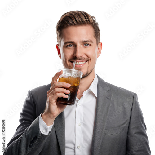 Smiling Man Holding a Drink While Wearing a Suit in a Studio Setting