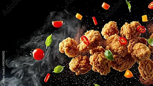 Fried chicken pieces fly with steam and spices again.
