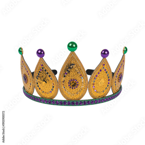 Crown With Green and Purple Gems Sits on a White Background in a Studio Setting