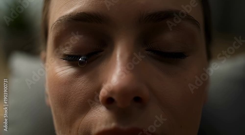 Close-up of a woman's face as a tear rolls down her cheek