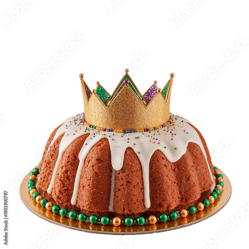 King Cake With a Crown and Colorful Beads on a Platter for Celebrations and G...