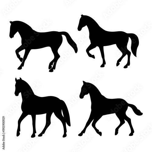 A set of four black horse silhouettes running in different positions on a transparent background