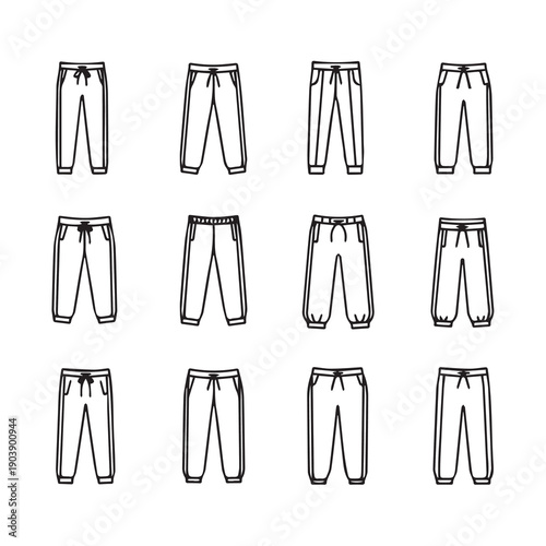 Collection of jogger pants outlines, different styles, black and white vector illustration