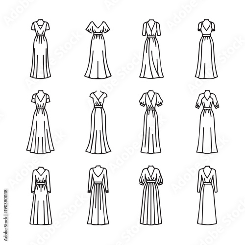 Collection of Line Art Fashion Illustrations of Women's Long Dresses and Gowns