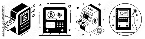 Modern cryptocurrency ATM vector icons set with digital interface, bitcoin machine, blockchain technology, and financial transaction symbols
