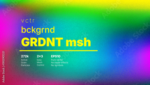 Abstract colorful vector background with gradient mesh and grainy noise texture. Vibrant holographic fluid blur effect. Modern retro iridescent blurry design with soft multicolor noise.