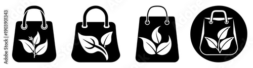 Eco friendly shopping bag vector icon set with leaf design minimalist reusable tote illustration isolated black and white