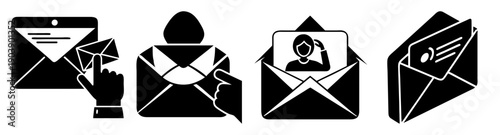 Modern email notification vector icons set with envelope, notification bell, lock, and security shield in flat design style