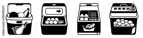 Set of four modern portable food coolers vector icons for travel picnic camping and outdoor storage isolated on white background