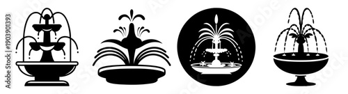 Elegant black and white fountain vector icons set with water spray isolated on transparent background minimalist design