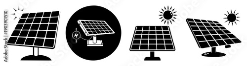 Solar energy vector icon set with battery storage and renewable power generation isolated on white background