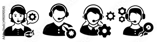 Customer service team vector icon set with headsets and chat bubbles for support and communication