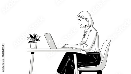 Professional Woman Working on Laptop in Minimalist Office Setup