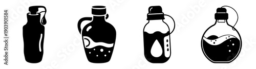 Set of four minimalist black and white water bottle vector icons for hydration, sports, fitness, and travel