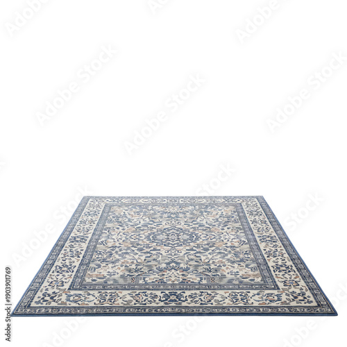 Area Rug With Intricate Design Placed on a Plain Floor in a Home Setting