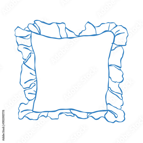 Vector outline illustration of a ruffled pillow. Pillow icon. Home decor element. Line art in blue. Romantic pillow