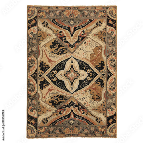 Woven Rug With Intricate Patterns in Neutral Colors Displayed on a Flat Surfa...