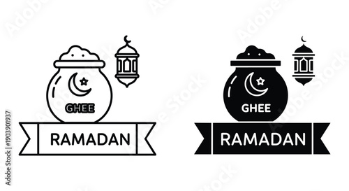 Ramadan Ghee Illustration with Lanterns in Black and White Style