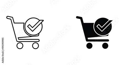 Flat design shopping cart icons with checkmarks for ecommerce success and online purchase approval