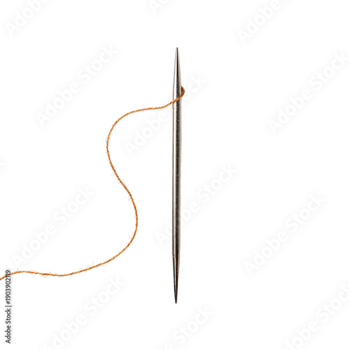 Threading a Needle With Brown Thread on a Simple White Background Showing Foc...