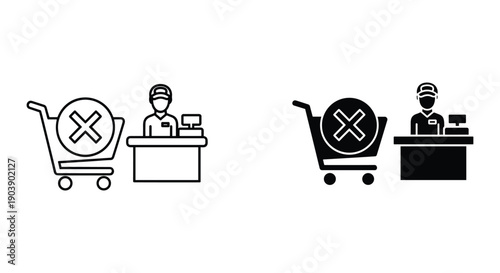 Checkout Counter with Shopping Cart and Cross Symbol at Cashier Desk
