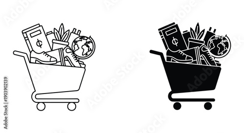 Overworked businessman drowning in paperwork with shopping carts stress burnout vector illustration flat design